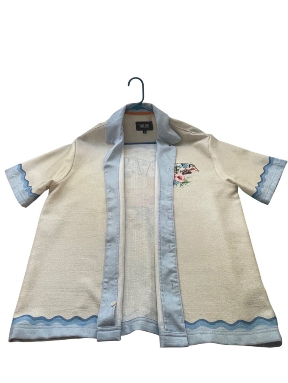 Havana Cuba Printed Button-Up Shirt By Malibu Size L Beige & Blue Short Sleeves